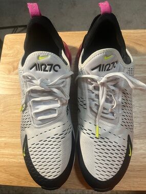 Nike Men's Air270 Running Shoes in White with Black, Pink & Neon Yellow Accents